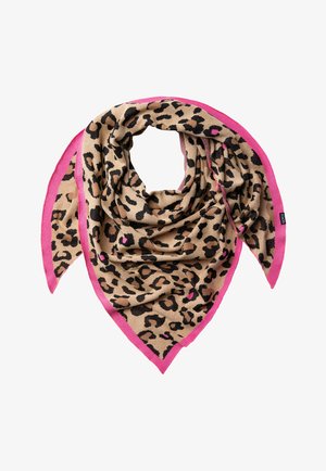 Leopard print scarf with a pink border, triangular shape, made from soft fabric, featuring spots in various shades on a beige background.