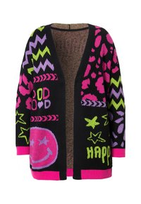 Cardigan nero con motivi brillanti in rosa, verde e viola, inclusi zigzag, stelle e smiley. Frontale aperto, vestibilità comoda.