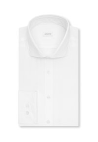 Hvid, foldet herreskjorte med spredt krave, knaplukning foran og manchet med to knapper, mærket Seidensticker.