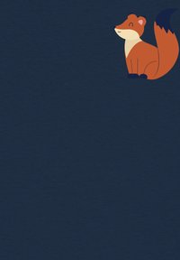 Illustration de renard cartoon avec un corps rougeâtre-orange, un ventre crème et un fond bleu sombre. Le renard sourit et est assis.