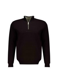 Zwarte gebreide trui met een hoge kraag en halve rits. Kenmerken zijn geribbelde manchetten en zoom, een gladde textuur en een subtiele logodetail aan de voorkant.