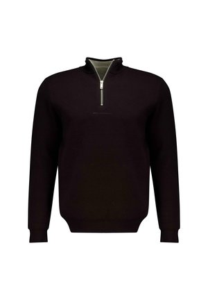 Pull en maille noir avec un col montant et une demi-fermeture éclair. Il présente des poignets et un ourlet côtelés, une texture lisse et un discret détail de logo à l'avant.