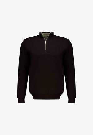 Pull en maille noir avec un col montant et une demi-fermeture éclair. Il présente des poignets et un ourlet côtelés, une texture lisse et un discret détail de logo à l'avant.