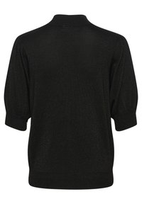 Sort pullover sweater med korte, puffede ærmer og høj krave. Stoffet har en subtil glans og en glat tekstur.