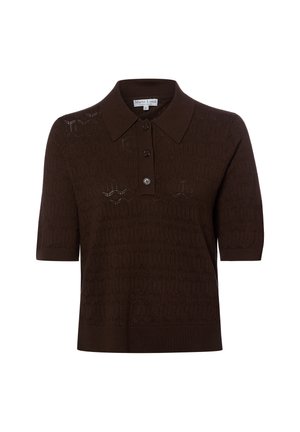 Braunes Strick-Poloshirt mit kurzen Ärmeln, dezentem geometrischem Muster, Drei-Knopf-Leiste und geripptem Saum sowie Ärmelbündchen.