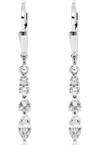 Orecchini a goccia in argento con una serie di gemme trasparenti e scintillanti di forme rotonde e marquise, con una finitura lucida.