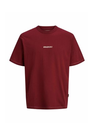 Burgundska bombažna majica s kratkimi rokavi in okroglim izrezom. Na sredini prsnega dela je bela napis "ORIGINALS".