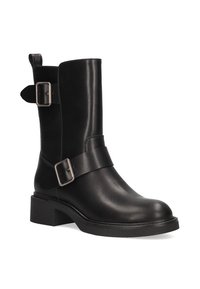 Botín negro de cuero hasta el tobillo con punta redondeada, correa de hebilla lateral y tacón bajo en bloque. Textura suave y diseño minimalista.