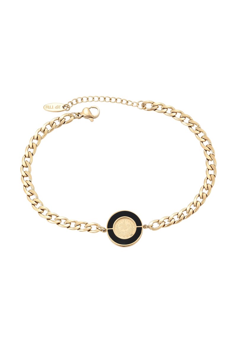 Bracciale in oro con maglie intrecciate e un medaglione rotondo in nero e oro al centro, con incisioni decorative e chiusura a moschettone.