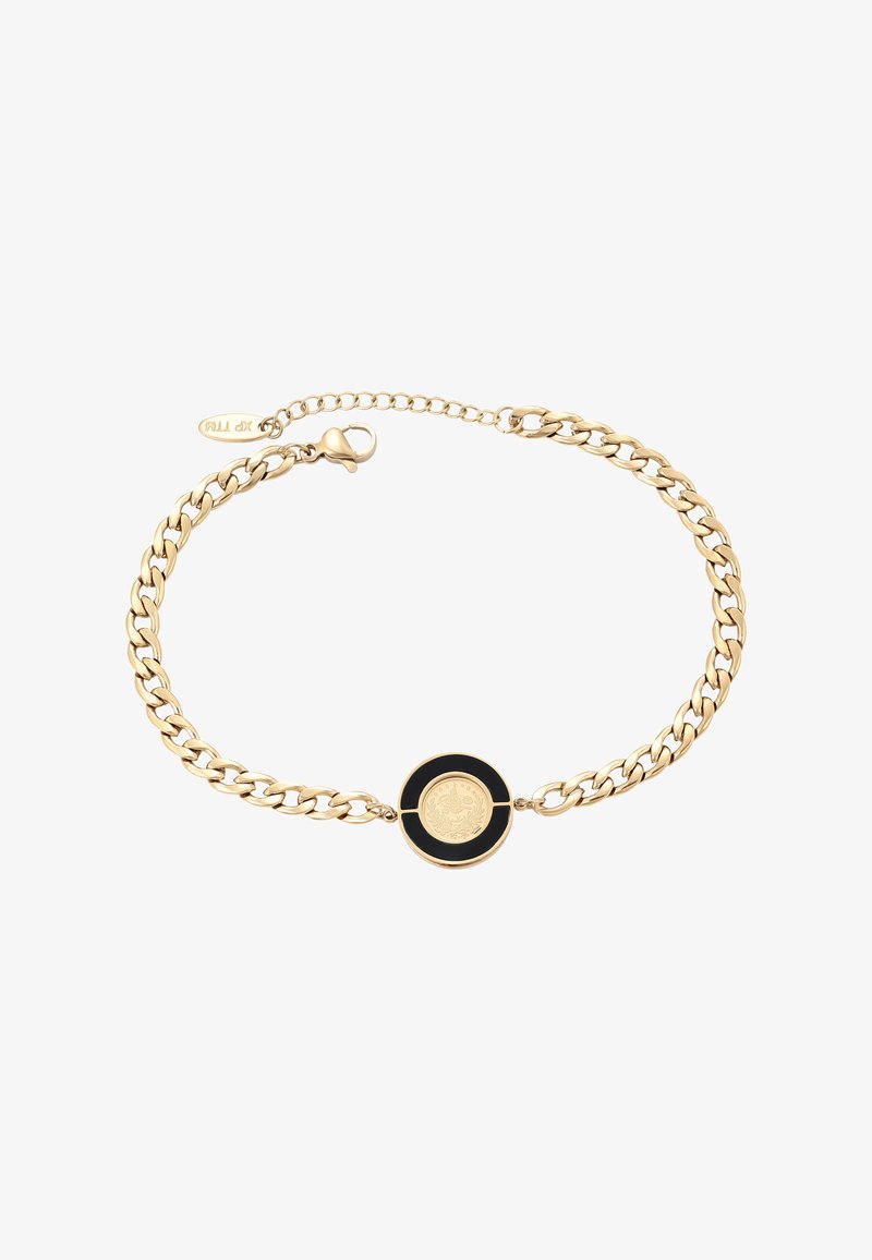 Zlatý náramek s propletenými články a kulatým medailonem ve zlaté a černé barvě uprostřed, zdobený engravinami a s karabinovým zapínáním.