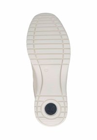 Weiße Sneaker-Sohle mit einem strukturierten Muster, das horizontale und vertikale Rillen für besseren Halt sowie ein kreisförmiges Detail an der Ferse aufweist.