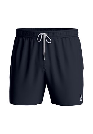 Bañador azul marino con cintura elástica y cordón blanco, con un pequeño logo en la parte inferior derecha de la pierna.