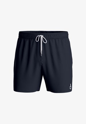 Navyblå badeshorts med elastisk talje og hvid snor, med lille logo på det nederste højre ben.