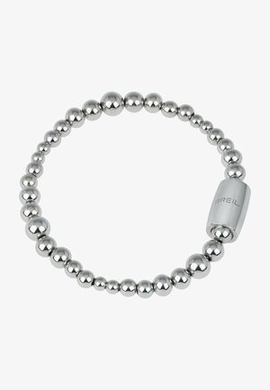 Sølv metal perlekæde med varierede størrelser af sfæriske perler og en cylindrisk lås, der er graveret med "BREIL." Glat, reflekterende overflade.