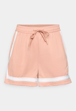 Perzikkleurige sportbroekjes met een elastische tailleband, trekkoord en witte zijstrepen. Gladde textuur, standaard pasvorm en logo op de zoom.