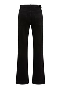 Zwarte flared jeans van denim met een hoge taille, voorzien van twee achterzakken en een subtiele logo op de tailleband. Vrouwelijke textuur en klassiek ontwerp.