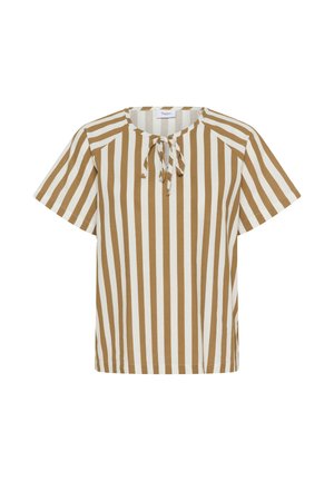 Rövid ujjú blúz függőleges bézs és fehér csíkokkal, kis masnival a kerek nyakkivágásnál.