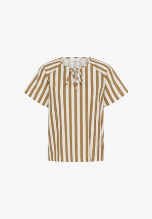 Short-sleeve blouse with vertical beige and white stripes and a small tie at the round neckline.