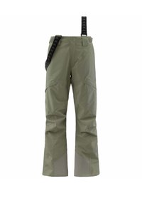 Pantaloni impermeabili kaki con taglio dritto, rinforzi sulle ginocchia e cintura nera regolabile con logo. Tessuto liscio, design pratico.