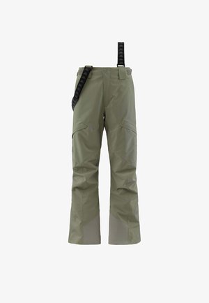 Pantaloni impermeabili kaki con taglio dritto, rinforzi sulle ginocchia e cintura nera regolabile con logo. Tessuto liscio, design pratico.
