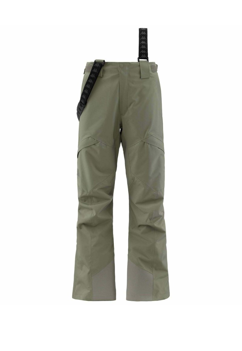 Pantaloni impermeabili kaki con taglio dritto, rinforzi sulle ginocchia e cintura nera regolabile con logo. Tessuto liscio, design pratico.