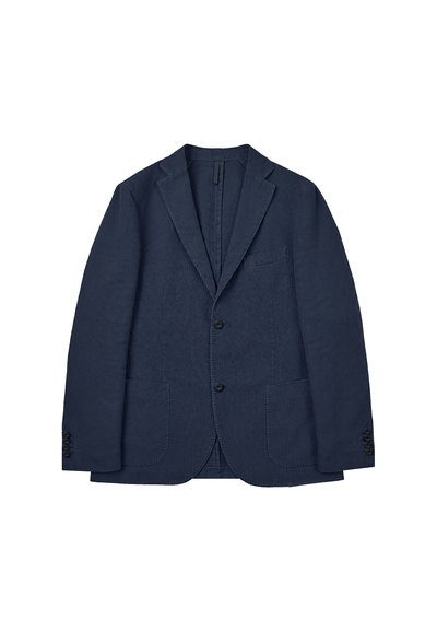 Donkerblauwe blazer van gestructureerde stof. Voorzien van een notch-lapel, twee voorzakken en knoopmanchetten. Eenvoudig, taillering ontwerp.