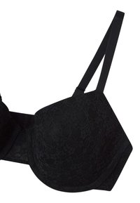 Czarny koronkowy stanik z wyprofilowanymi miseczkami, gładkimi krawędziami i regulowanymi ramiączkami. Posiada wzór w kwiaty oraz zapięcie na haczyk i oczko z tyłu.