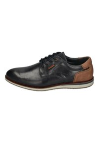 Scarpe in pelle con una finitura liscia nera, dettagli in camoscio marrone sul tallone, design con lacci e suola in gomma leggera.