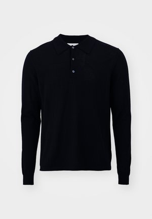 Camisa polo de manga larga en azul marino oscuro, hecha de tejido de punto fino. Presenta un cuello, una tapeta de tres botones y puños acanalados.