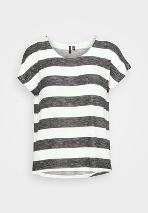 Short-sleeve, crew neck t-shirt with wide horizontal black and white stripes, displayed flat against a light background.