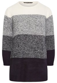 Stickad tröja med horisontella ränder i kräm, grått och mörk marinblå. Rund halsringning och långa ärmar med ribbade mudd och nederkant.