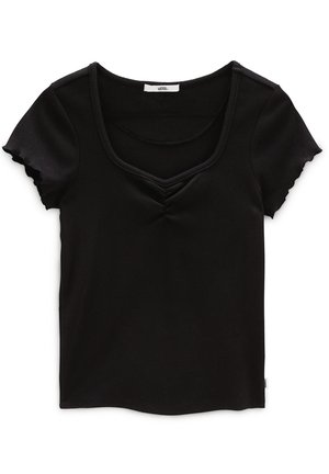 Haut noir à manches courtes côtelé avec un col en V froncé et des bords de manches festonnés, étiquette de la marque Vans visible à l'intérieur du col.