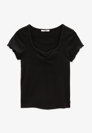 Czarny prążkowany top z krótkim rękawem, z marszczonym dekoltem w kształcie litery V i falowanymi brzegami rękawów, w środku kołnierzyka widoczna metka marki Vans.