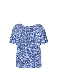 Modrý krátký rukáv vrchní díl s květinovým vzorem v bílé barvě. Lehčí látka s volným střihem a kulatým výstřihem.