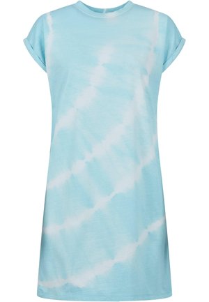 Light blue and white tie-dye short sleeve casual dress with rolled cuffs and a round neckline.