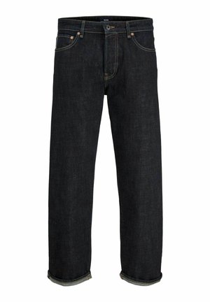 Dunkelblaue Denim-Jeans mit geradem Schnitt, ausgestattet mit einem Knopf- und Reißverschluss, umgeschlagenen Säumen und kontrastierenden Nähdetails.