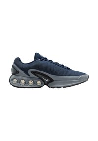 Men's athletic sneaker in navy blue with mesh upper, rubber sole, and visible air cushioning spheres; features black and grey accents.