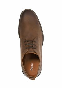 Brown leather lace-up shoe with a rounded toe, stitched detailing, and a textured sole. Interior features a branded insole.