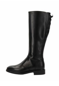 Bota alta de cuero negro con un diseño elegante, punta redondeada, tacón plano y detalle de cordones decorativos a lo largo del costado. Textura suave.