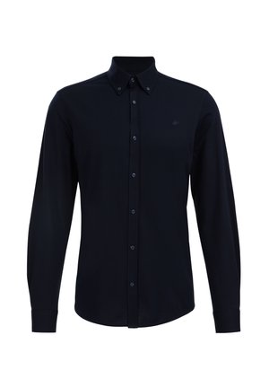 Dark blue long-sleeve shirt with button-down collar, front placket, and matching buttons; features a small logo on the chest.