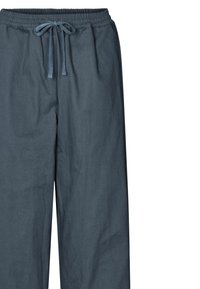 Pantaloni di lino leggeri, di colore blu scuro, con vita elastica e lacci. Presentano una vestibilità comoda e una texture liscia.
