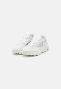 White athletic shoes with mesh and synthetic material, rounded toe, textured sole, and subtle gray accents on the sides.