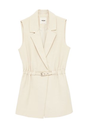 Mouwloze beige blazerjurk met ingesneden revers, een ceintuur in de taille en een rechte zoom, ontworpen voor een op maat gemaakte, elegante look.