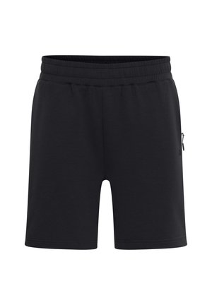 Zwarte sportshorts met een elastische tailleband, voorzien van een zijritszak en een gladde, lichte stof. Eenvoudig ontwerp en recht gesneden pasvorm.