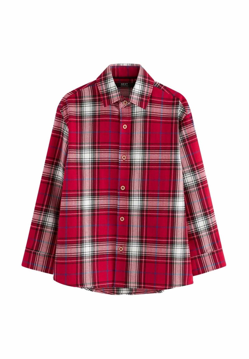 Chemise à manches longues à carreaux rouges, blancs et noirs avec boutons et col, présentée à plat sur un fond blanc.