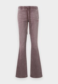 Μωβ παντελόνι καμπάνα με ελαστική μέση και μπροστινό κορδόνι, με πλαϊνές τσέπες και διακριτικό κόκκινο λογότυπο καρδιάς στο δεξί μηρό.