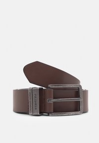 Brown leather belt with a matte finish, silver metal buckle, and embossed logo. Smooth texture with a sleek design.