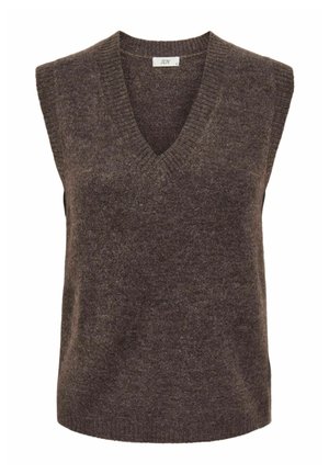 Gilet sans manches en tricot marron avec un col en V et des bordures côtelées, étiqueté JDY, taille petite.