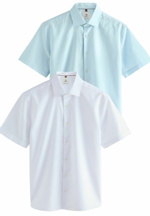Kurzarm-Hemden mit Knöpfen in Hellblau und Weiß. Stoff aus Baumwollmischung mit glatter Textur und klassischem Kragen-Design.