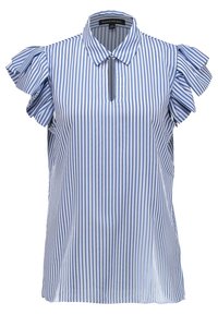 Modrá a bílá pruhovaná blůza s krátkými volánkovými rukávy, límečkem a výstřihem ve tvaru klíčové dírky, vyrobená z lehkého materiálu.